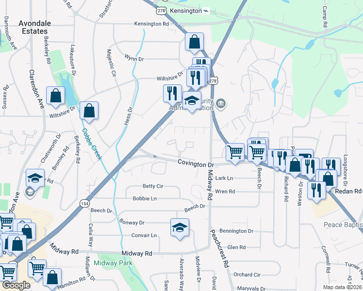 map of restaurants, bars, coffee shops, grocery stores, and more near 3246 Covington Drive in Decatur