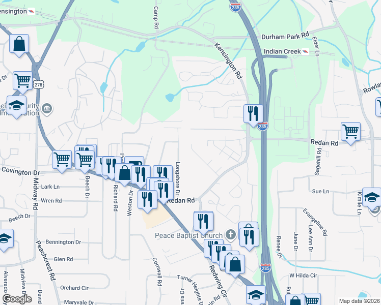 map of restaurants, bars, coffee shops, grocery stores, and more near 3680 Oakwood Manor in Decatur