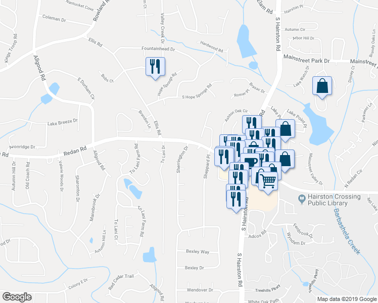 map of restaurants, bars, coffee shops, grocery stores, and more near 1078 Sherrington Drive in Stone Mountain