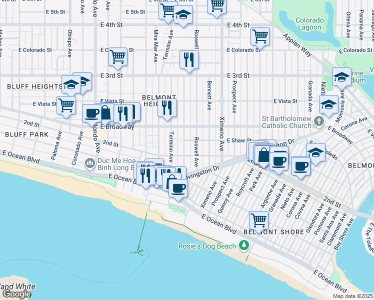 map of restaurants, bars, coffee shops, grocery stores, and more near 204 Belmont Avenue in Long Beach