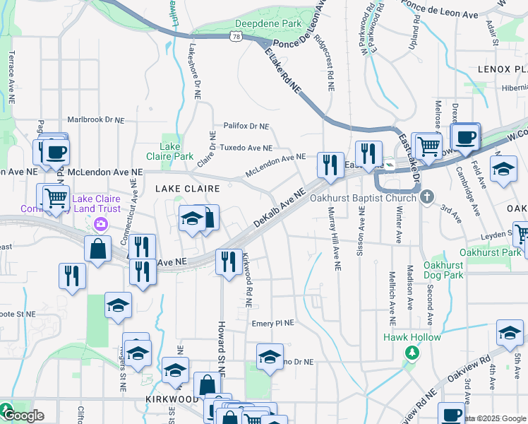 map of restaurants, bars, coffee shops, grocery stores, and more near 2044 DeKalb Avenue Northeast in Atlanta