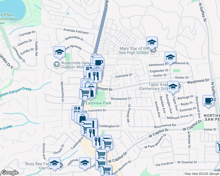 map of restaurants, bars, coffee shops, grocery stores, and more near 1625 Stonewood Court in Los Angeles