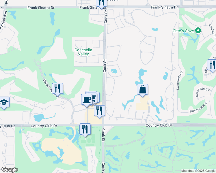 map of restaurants, bars, coffee shops, grocery stores, and more near 738 Vista Lago Drive North in Palm Desert