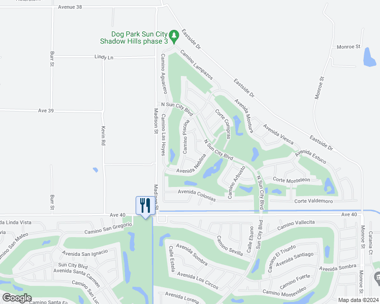 map of restaurants, bars, coffee shops, grocery stores, and more near 39394 Camino Piscina in Indio