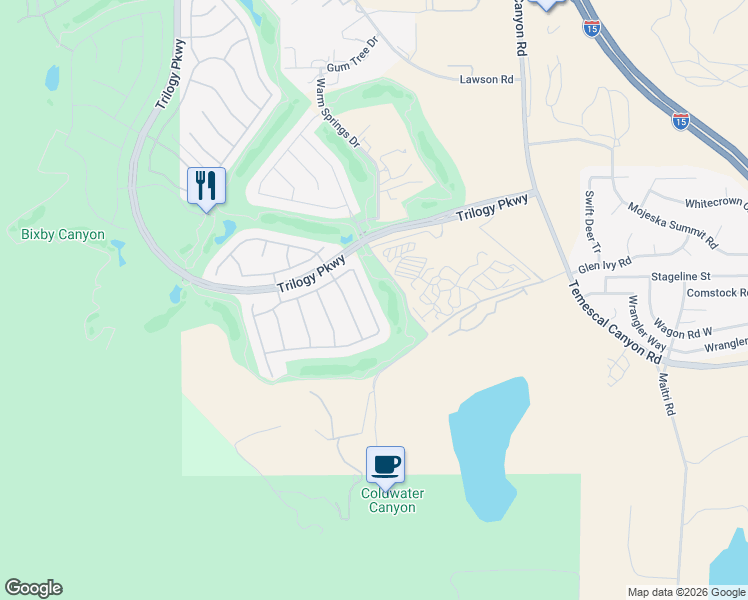 map of restaurants, bars, coffee shops, grocery stores, and more near 24801 Glen Ivy Road in Corona