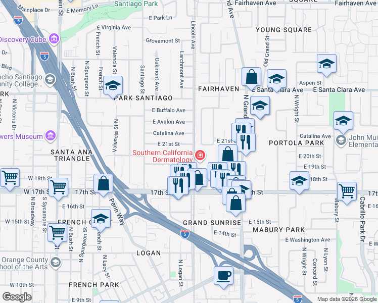 map of restaurants, bars, coffee shops, grocery stores, and more near 1013 East 21st Street in Santa Ana