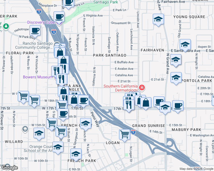 map of restaurants, bars, coffee shops, grocery stores, and more near 2027 Poinsettia Street North in Santa Ana