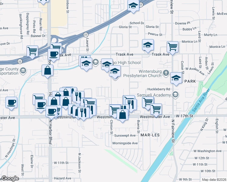 map of restaurants, bars, coffee shops, grocery stores, and more near 13645 Clinton Street in Garden Grove