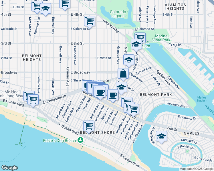 map of restaurants, bars, coffee shops, grocery stores, and more near 4925 East Livingston Drive in Long Beach