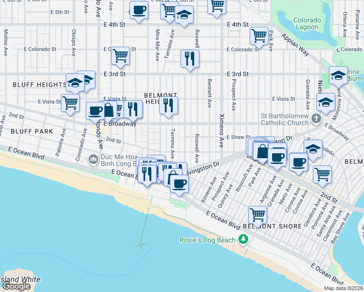 map of restaurants, bars, coffee shops, grocery stores, and more near 4107 East Shaw Street in Long Beach