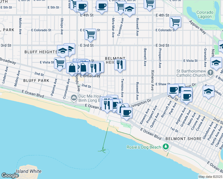 map of restaurants, bars, coffee shops, grocery stores, and more near 215 Mira Mar Avenue in Long Beach