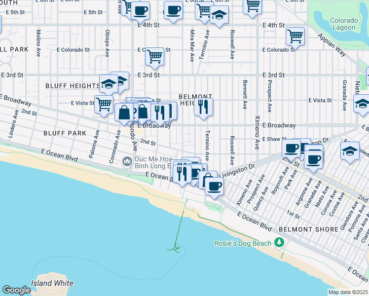 map of restaurants, bars, coffee shops, grocery stores, and more near 215 Mira Mar Avenue in Long Beach