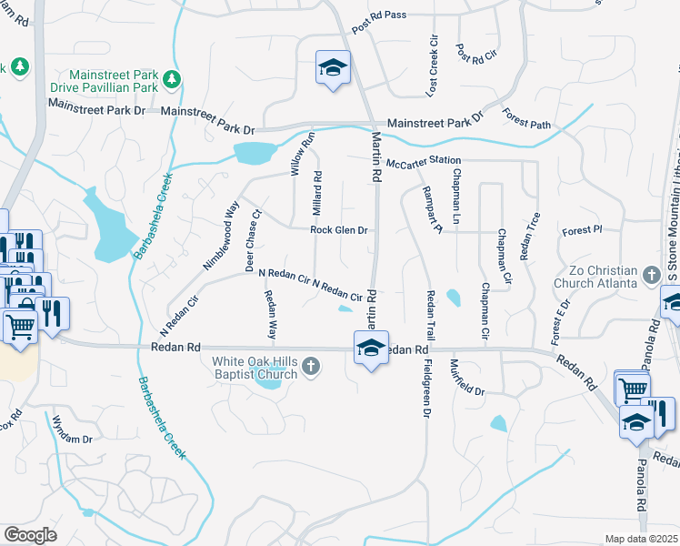 map of restaurants, bars, coffee shops, grocery stores, and more near 1060 South Millard Way in Stone Mountain