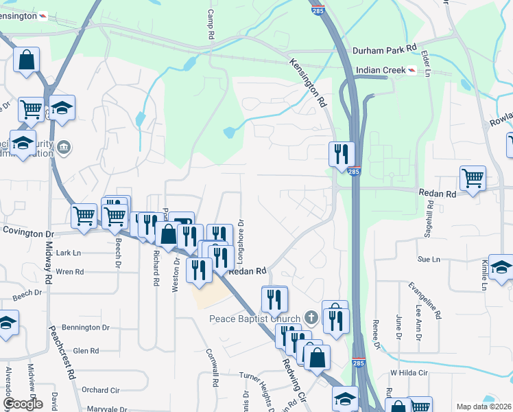 map of restaurants, bars, coffee shops, grocery stores, and more near 3680 Oakwood Manor in Decatur