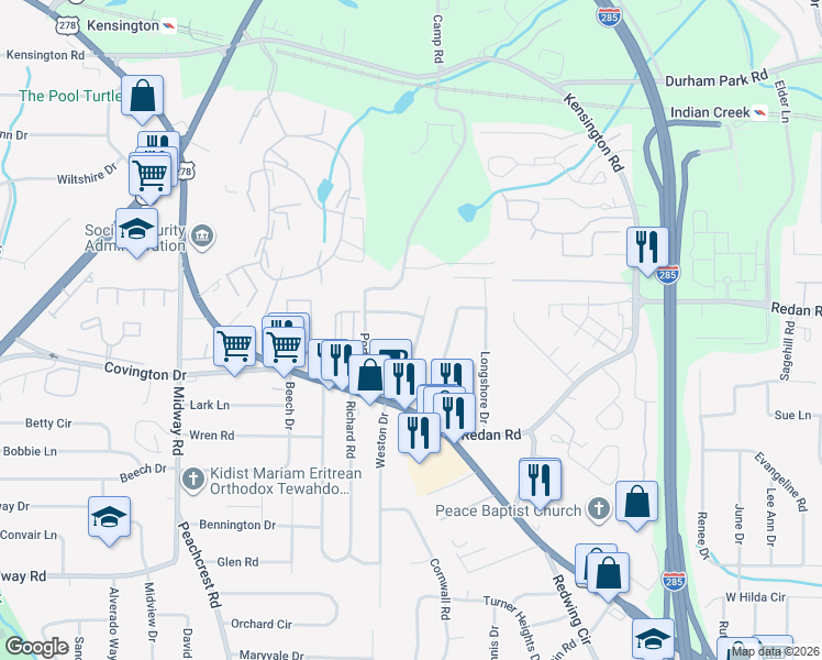 map of restaurants, bars, coffee shops, grocery stores, and more near 3588 Dove Valley Way in Decatur