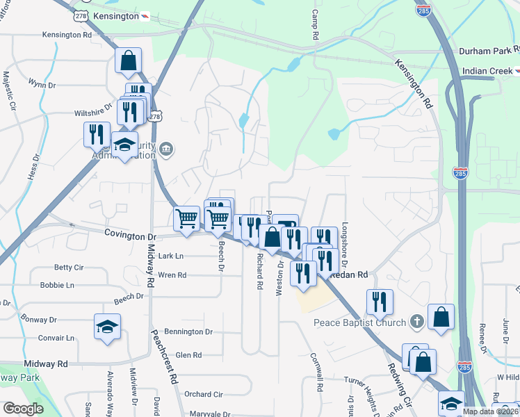 map of restaurants, bars, coffee shops, grocery stores, and more near 3557 Dove Valley Way in Decatur