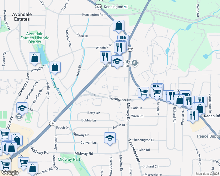 map of restaurants, bars, coffee shops, grocery stores, and more near 3626 Midway Road in Decatur
