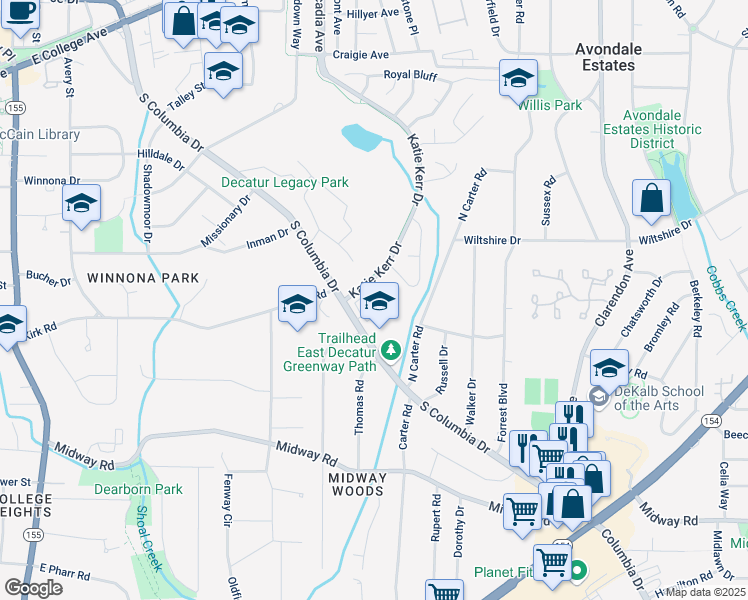 map of restaurants, bars, coffee shops, grocery stores, and more near 419 Hargrove Lane in Decatur