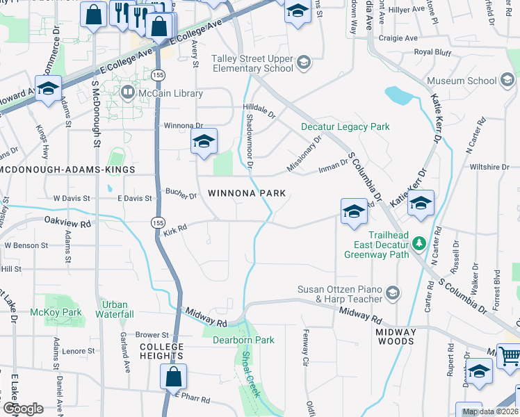 map of restaurants, bars, coffee shops, grocery stores, and more near 540 Kirk Road in Decatur