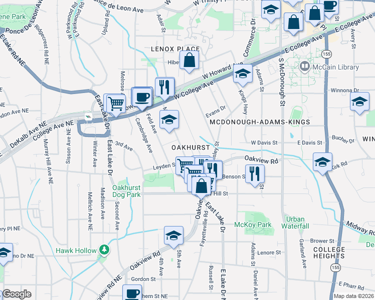 map of restaurants, bars, coffee shops, grocery stores, and more near 205 Olympic Place in Decatur