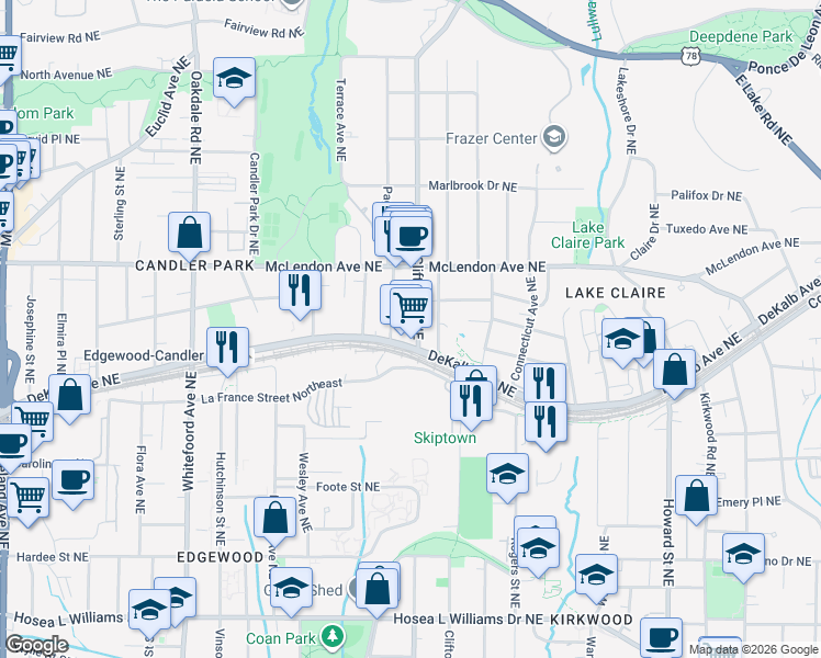 map of restaurants, bars, coffee shops, grocery stores, and more near 337 Clifton Road Northeast in Atlanta
