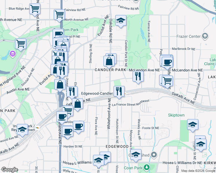 map of restaurants, bars, coffee shops, grocery stores, and more near 340 Oakdale Road Northeast in Atlanta