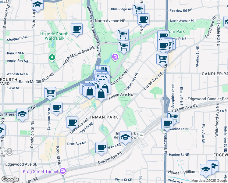 map of restaurants, bars, coffee shops, grocery stores, and more near 1 Copenhill Avenue Northeast in Atlanta
