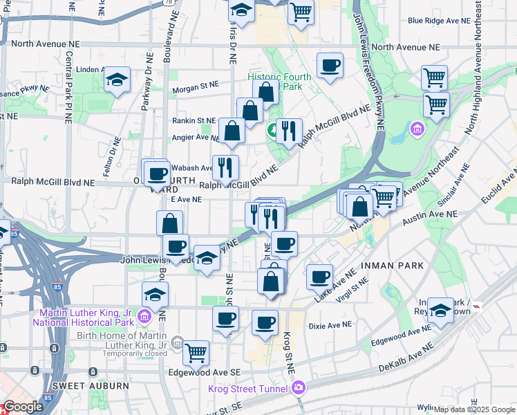map of restaurants, bars, coffee shops, grocery stores, and more near 647 East Avenue Northeast in Atlanta