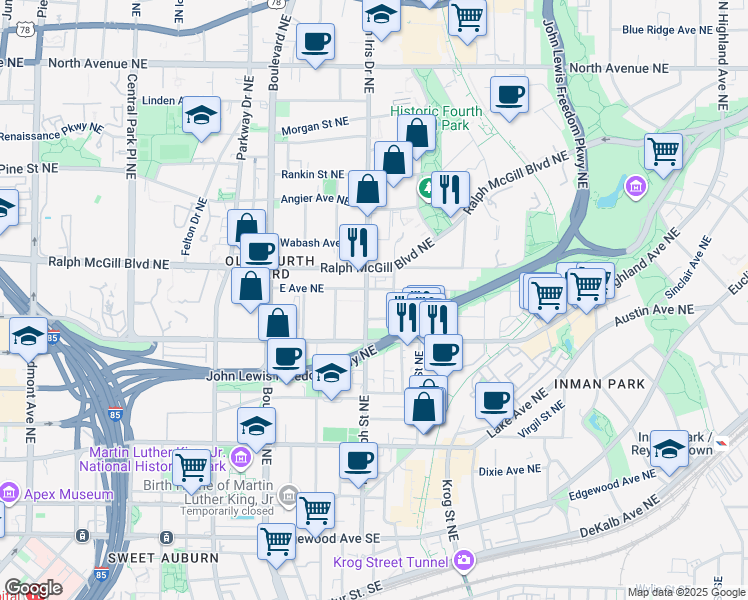 map of restaurants, bars, coffee shops, grocery stores, and more near 345 Glen Iris Drive Northeast in Atlanta