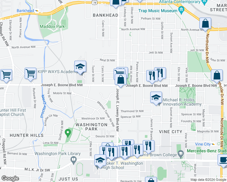 map of restaurants, bars, coffee shops, grocery stores, and more near 933 Ashby Circle Northwest in Atlanta