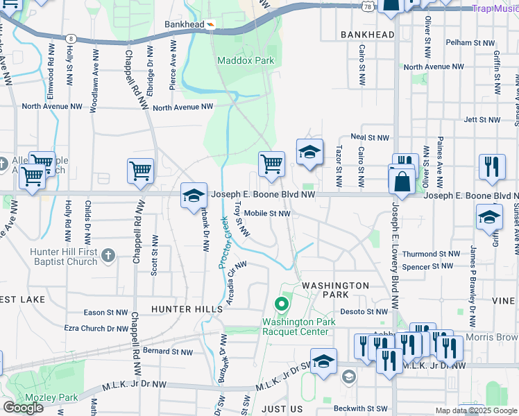 map of restaurants, bars, coffee shops, grocery stores, and more near 1183 Mobile Street Northwest in Atlanta
