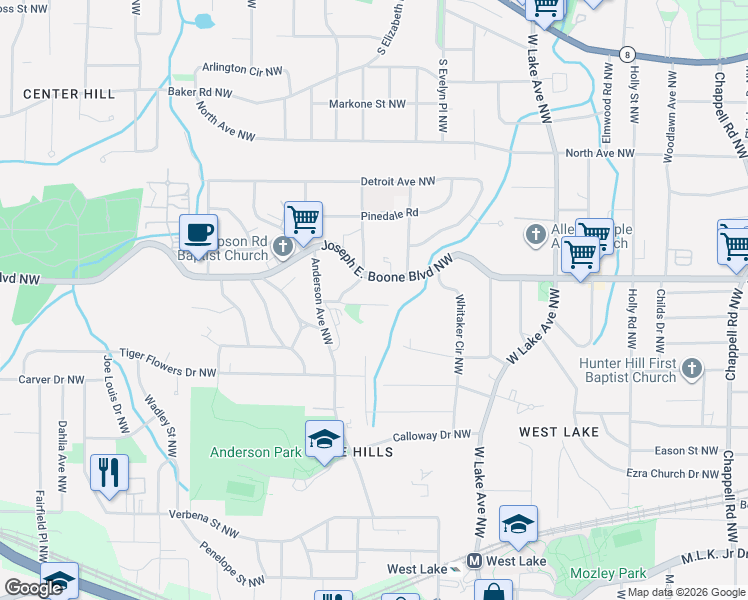 map of restaurants, bars, coffee shops, grocery stores, and more near 1876a Simpson Road Northwest in Atlanta