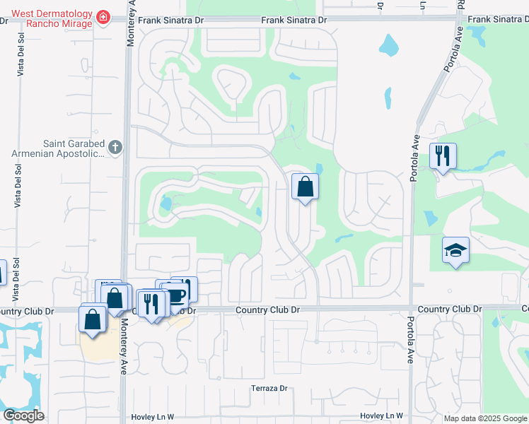 map of restaurants, bars, coffee shops, grocery stores, and more near 73450 Country Club Drive in Palm Desert