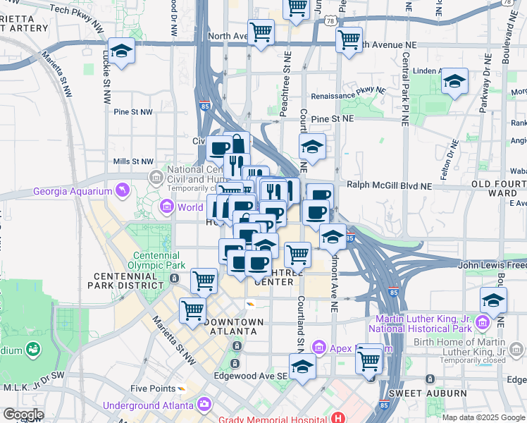 map of restaurants, bars, coffee shops, grocery stores, and more near 330 Peachtree Street Northeast in Atlanta