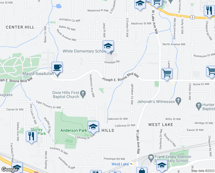 map of restaurants, bars, coffee shops, grocery stores, and more near 1891 Tremont Drive Northwest in Atlanta