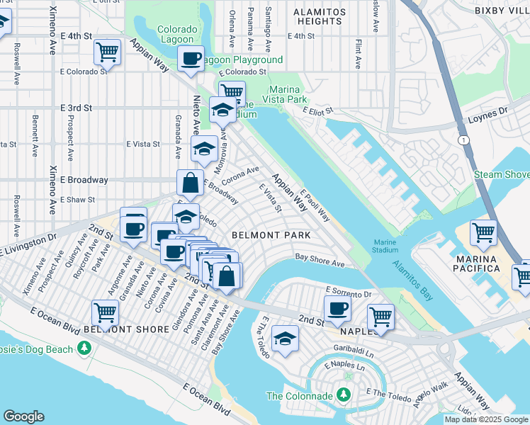 map of restaurants, bars, coffee shops, grocery stores, and more near 288 Glendora Avenue in Long Beach