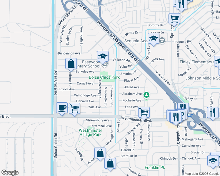 map of restaurants, bars, coffee shops, grocery stores, and more near 13731 Claremont Street in Westminster