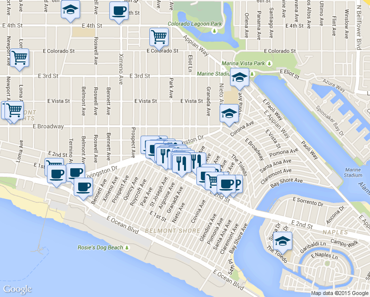 map of restaurants, bars, coffee shops, grocery stores, and more near 230 St Joseph Ave in Long Beach