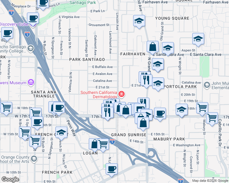 map of restaurants, bars, coffee shops, grocery stores, and more near 1013 East 21st Street in Santa Ana