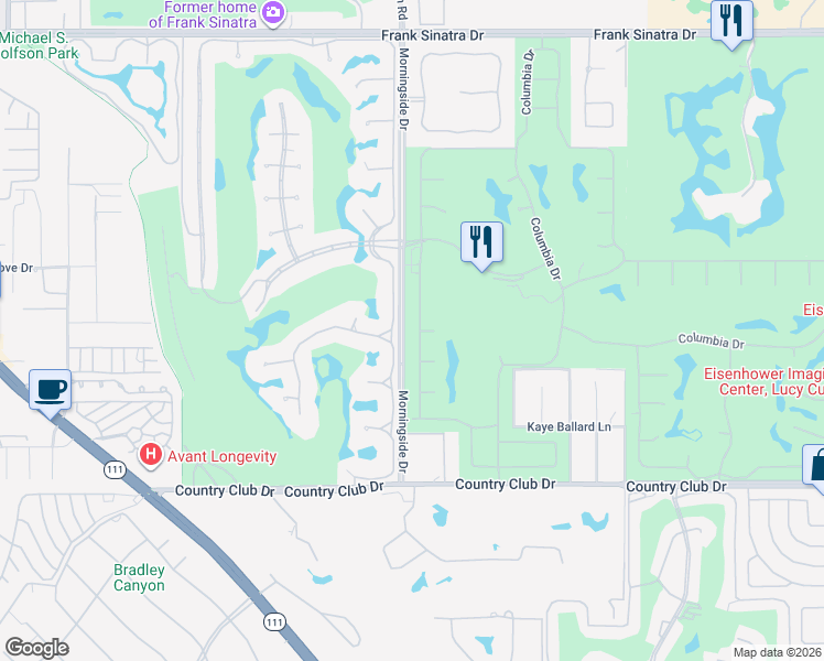 map of restaurants, bars, coffee shops, grocery stores, and more near 76 Princeton Drive in Rancho Mirage
