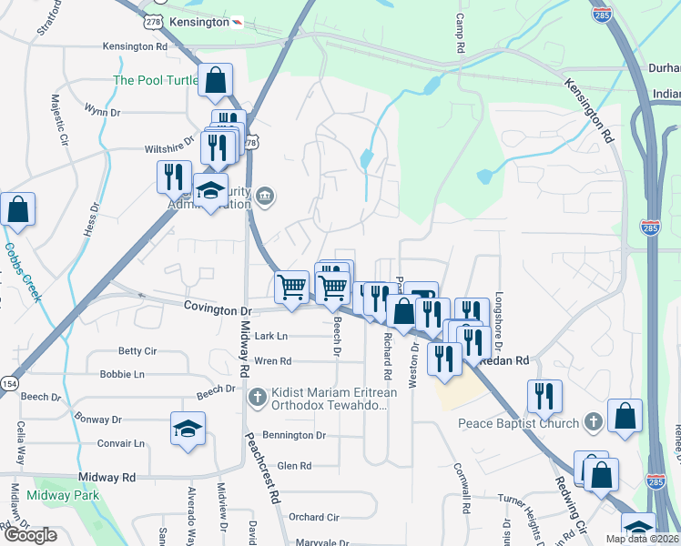 map of restaurants, bars, coffee shops, grocery stores, and more near 3726 Covington Highway in Decatur