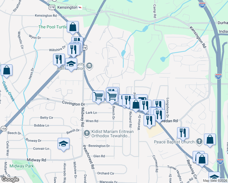 map of restaurants, bars, coffee shops, grocery stores, and more near 3726 Covington Highway in Decatur