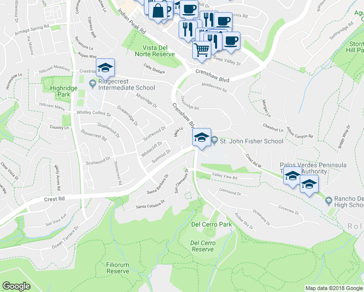 map of restaurants, bars, coffee shops, grocery stores, and more near 9 Mela Lane in Rancho Palos Verdes