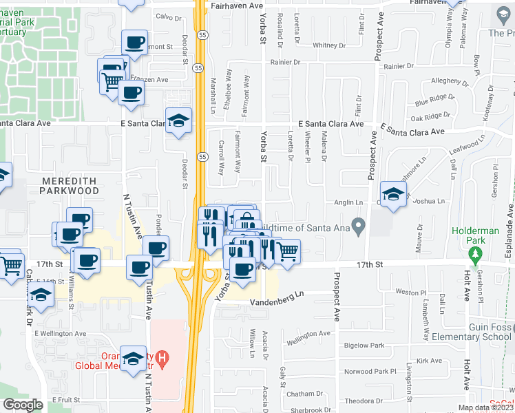 map of restaurants, bars, coffee shops, grocery stores, and more near 13762 Palace Way in Tustin