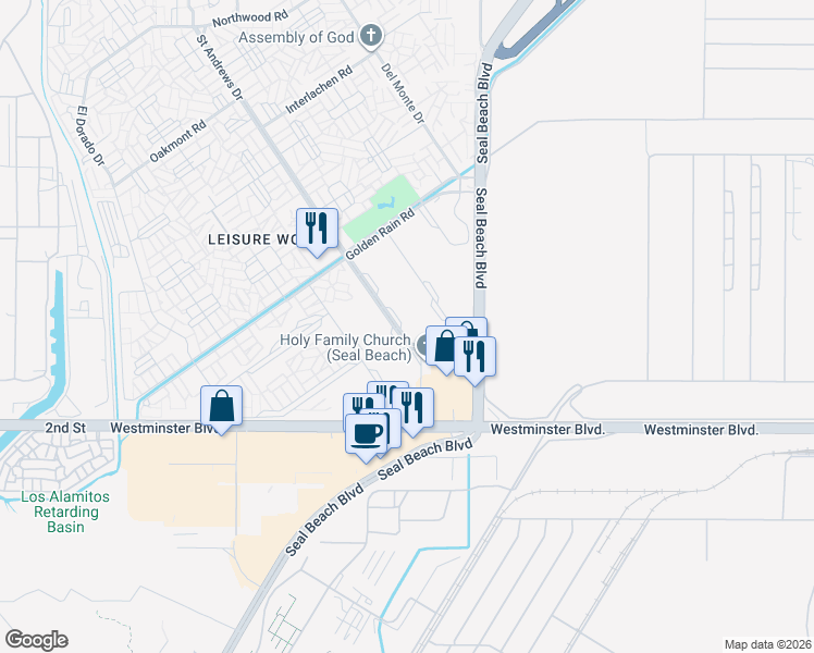 map of restaurants, bars, coffee shops, grocery stores, and more near 13800 Annandale Drive in Seal Beach
