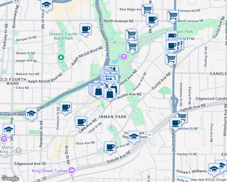 map of restaurants, bars, coffee shops, grocery stores, and more near 1 Copenhill Avenue Northeast in Atlanta