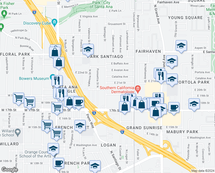 map of restaurants, bars, coffee shops, grocery stores, and more near 701 East 20th Street in Santa Ana