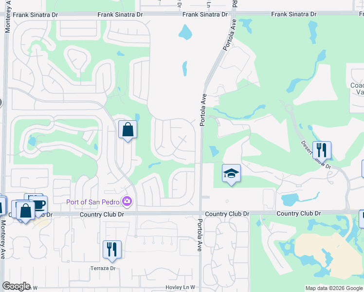 map of restaurants, bars, coffee shops, grocery stores, and more near 39705 Manzanita Drive in Palm Desert