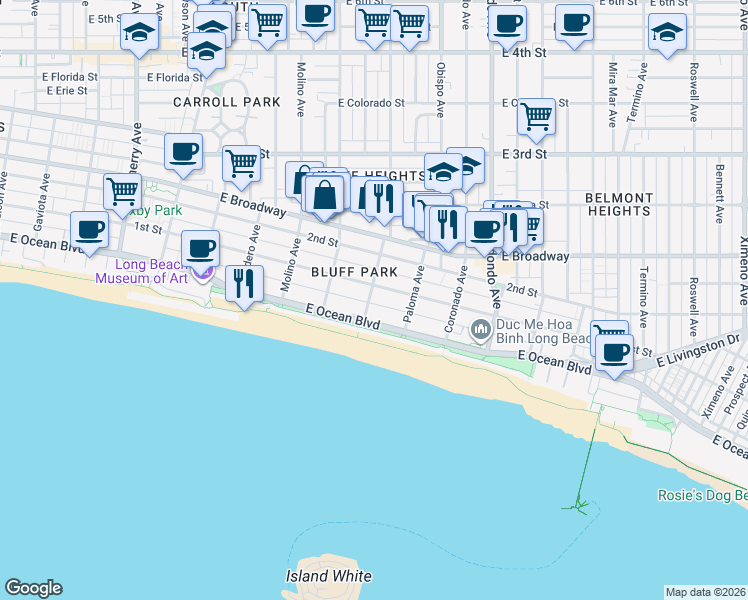 map of restaurants, bars, coffee shops, grocery stores, and more near 42 Orizaba Avenue in Long Beach