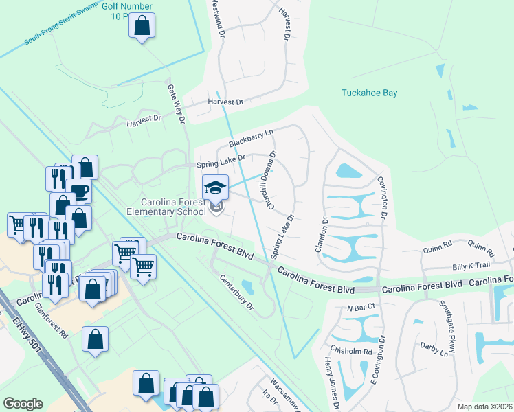 map of restaurants, bars, coffee shops, grocery stores, and more near 901 Belladonna Court in Conway